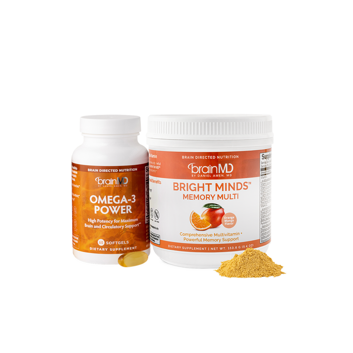BrainMD BRIGHT MINDS Memory Bundle: two orange bottles and an orange and white container against a transparent background
