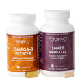 Two supplement bottles labeled 'Omega-3 Power' and 'Smart Prenatal' by Brain MD on a white background.