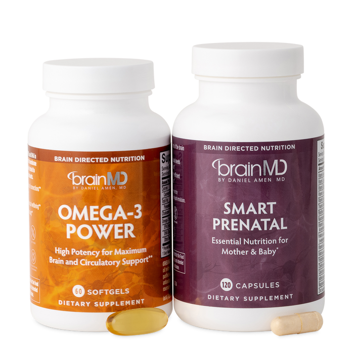 Two supplement bottles labeled 'Omega-3 Power' and 'Smart Prenatal' by Brain MD on a white background.