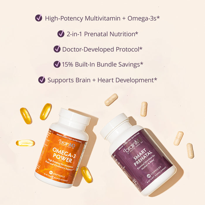 BrainMD Bundle Of Joy: infographic, image of bottles and scattered supplements with text stating benefits of the product