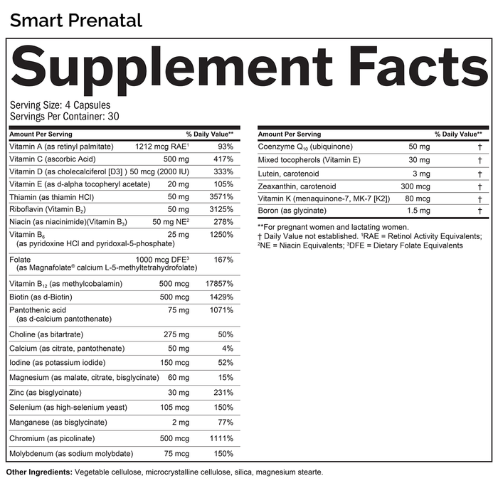 Supplement Facts box listing ingredients for Smart Prenatal.
