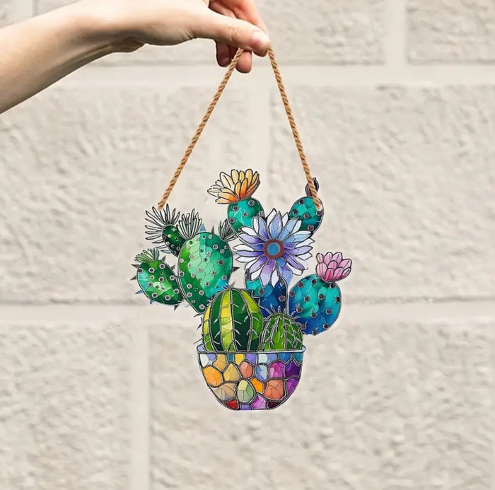 Cactus Stained Window Hanging in mosaic pot.