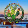 Cactus Suncatcher depicting a prickly pear cactus with blossoms.