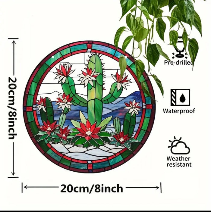 Cactus Suncatcher with flowering cacti, pre-drilled, waterproof, weather-resistant.