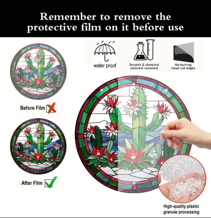 Cactus Suncatcher decal with protective film and quality features.