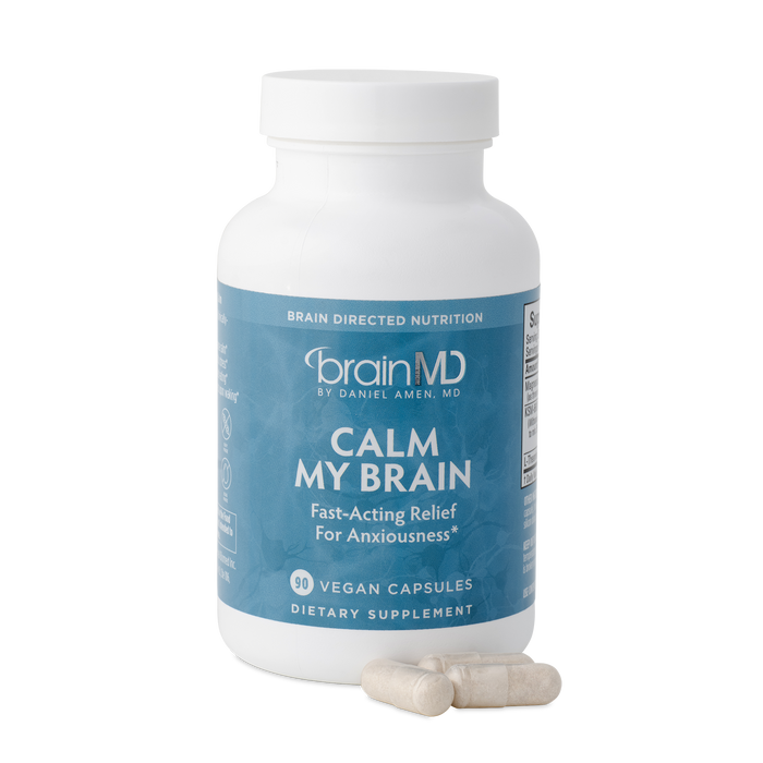 BrainMD Calm My Brain: image of a blue supplement bottle against a transparent background