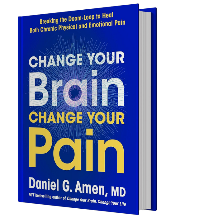 Book titled 'Change Your Brain, Change Your Pain' by Dr. Daniel G. Amen on a white background