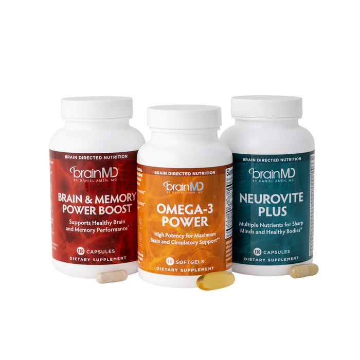 BrainMD Everyday Immunity Bundle: 3 supplement bottles of various colors with capsules & softgels against a white background