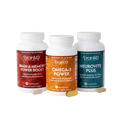 BrainMD Everyday Immunity Bundle: 3 supplement bottles of various colors with capsules & softgels against a white background
