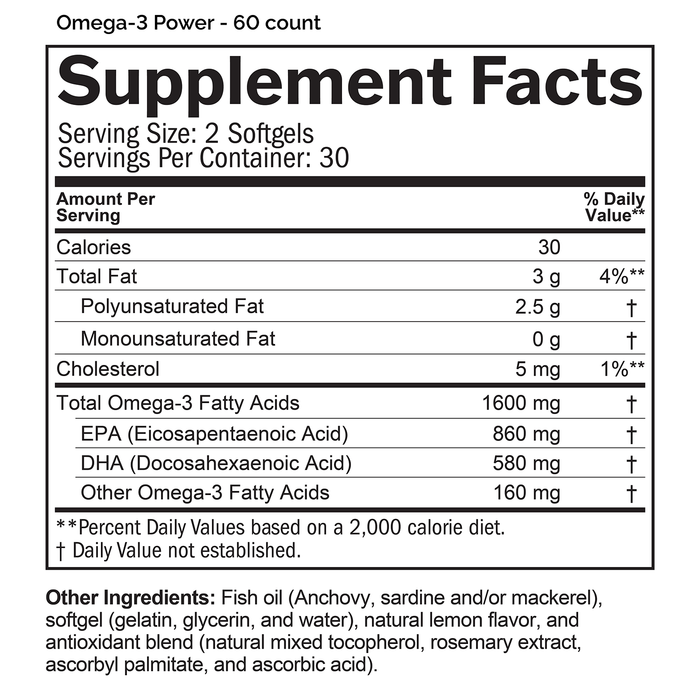 Supplement Facts label for Omega-3 Power with ingredients, serving size and nutritional information.
