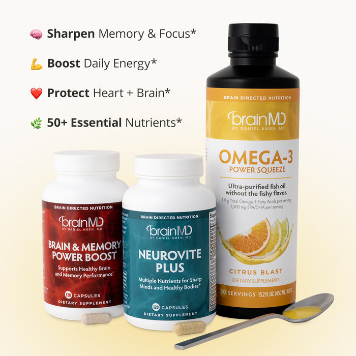 BrainMD Daily Essentials with Squeeze Bundle: infographic, 3 bottles of various sizes and colors with brief list of benefits