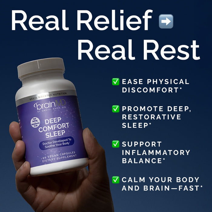 BrainMD Deep Comfort Sleep: infographic, purple supplement bottle next to brief phrases highlighting product benefits