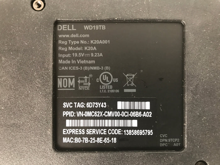 Dell USB-C Docking Station WD19TB w/ AC Adapter