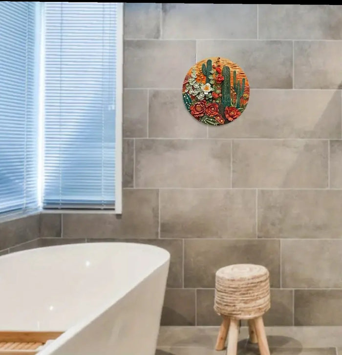 Desert Cactus Scene Wall Art in modern bathroom setting.