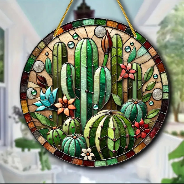 Desert Cactus Suncatcher with stylized cacti and succulents.