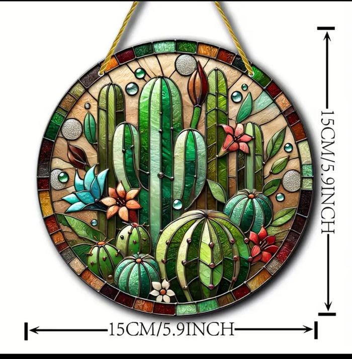 Desert Cactus Suncatcher with cacti and succulents design.