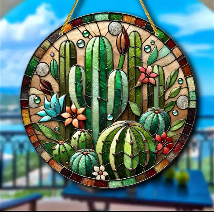 Desert Cactus Suncatcher with cacti and succulents design.