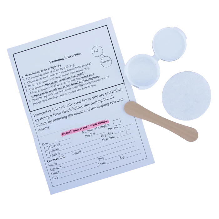 Equine Fecal Egg Count Test,"Sample container with hinged lid, wooden scoop, cotton pad and instruction sheet"
