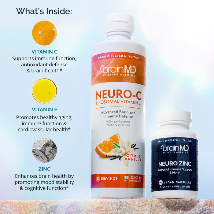 BrainMD Everyday Immunity Bundle: short gray bottle and tall orange & white bottle next to descriptions of key ingredients