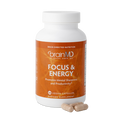 BrainMD Focus & Energy: front surface of orange supplement bottle and capsules against a transparent background