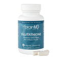 BrainMD Glutathione: blue supplement bottle with capsules at the base against a transparent background