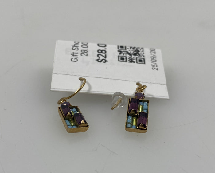 Gold Blue and Purple Rectangle Mosaic Earrings