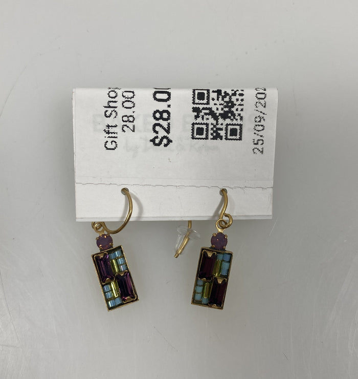 Gold Blue and Purple Rectangle Mosaic Earrings