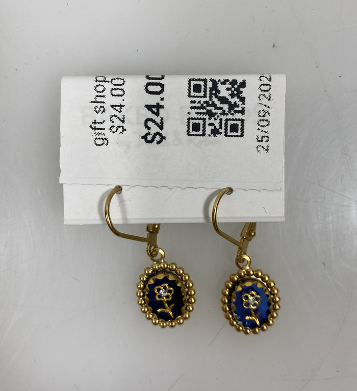 Gold Blue Etched Flower Earrings