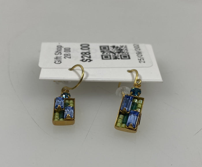 Gold Green and Blue Rectangle Mosaic Earrings