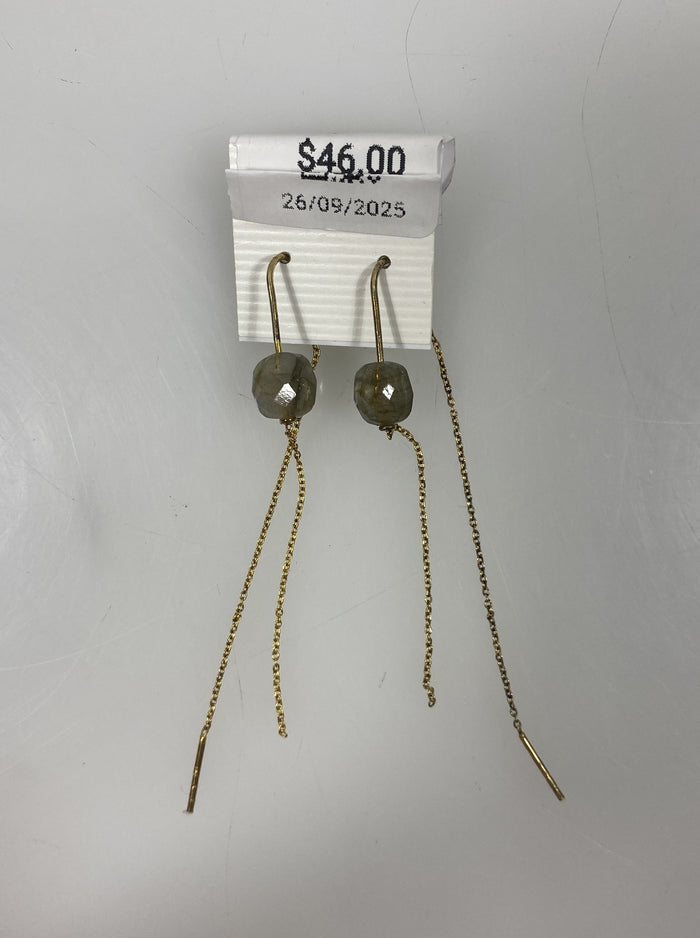 Gold Transparent Purple and Grey Bead Chain Dangle Earrings