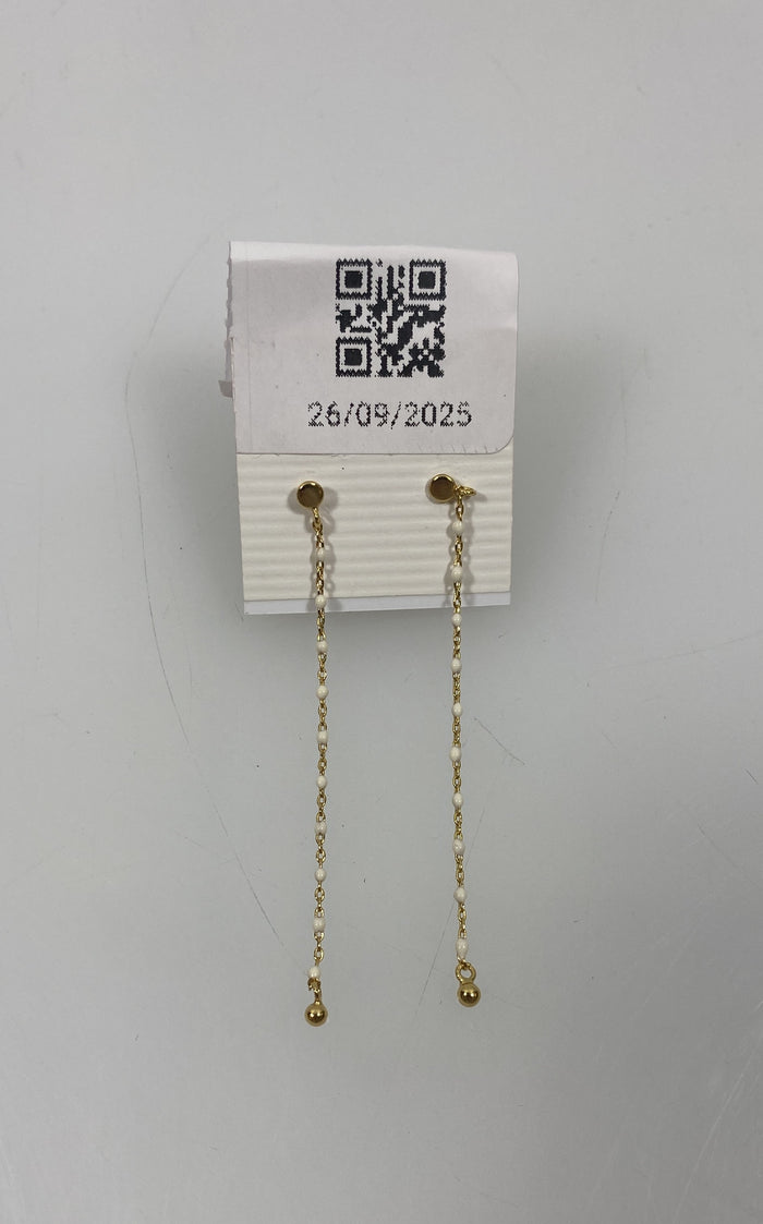 Gold White Beaded Dangle Earrings