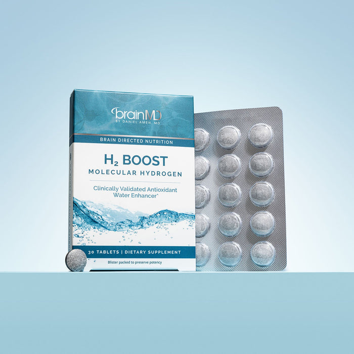 BrainMD H2 Boost Molecular Hydrogen: blue and white box with sheet of gray tablets against a light blue background