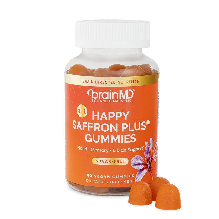 BrainMD Happy Saffron Plus Gummies bottle with orange vegan gummies for mood, memory, and libido support.