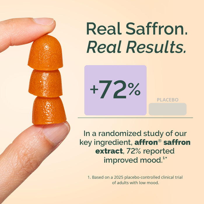 Hand holding three orange saffron threads with text about saffron extract and mood improvement.