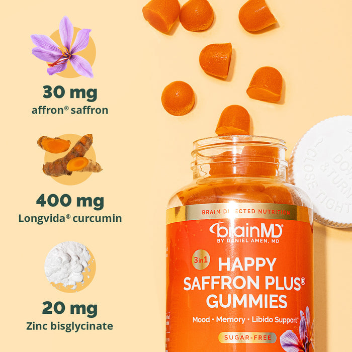 Bottle of BrainMD Happy Saffron Plus Gummies with ingredients and benefits on a beige background