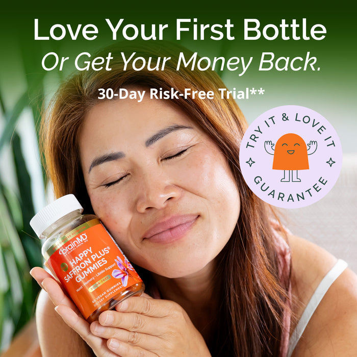Woman holding a bottle of gummies with a green background and promotional text.