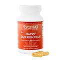 BrainMD Happy Saffron Plus: front view of supplement bottle with sample capsules against transparent background