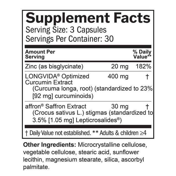 Supplement Facts label for Happy Saffron Plus with ingredients, serving size and nutritional information.
