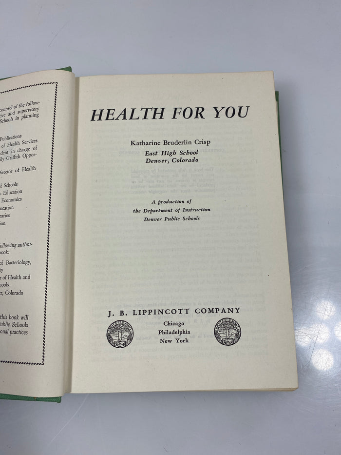 Health For You by Crisp JB Lippincott 1944 HC