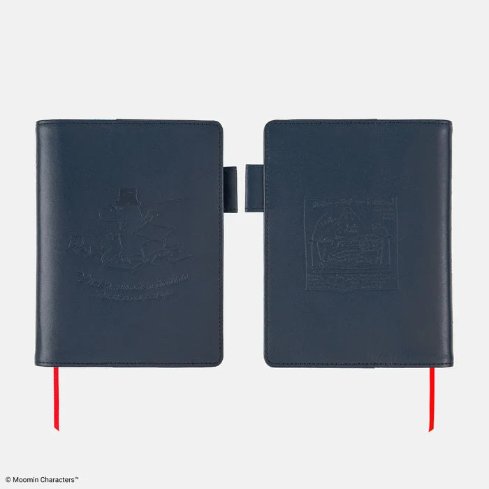 Hobonichi 5-Year Techo A6 Cover (Moomin - Written Memories): the navy cover shown front and back, a Moomin scene embossed into the surface