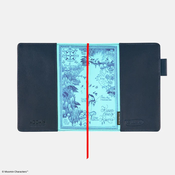 The cover opened out, its pale blue Moominvalley map lining and red ribbon on show