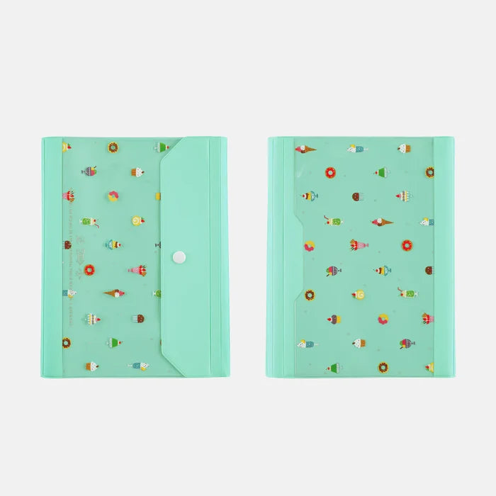 Hobonichi 2027 A5 Cousin Cover (Alettone - Sweets): front and back of the cover in translucent mint, scattered with tiny cakes and sweets, a press-stud flap at the edge