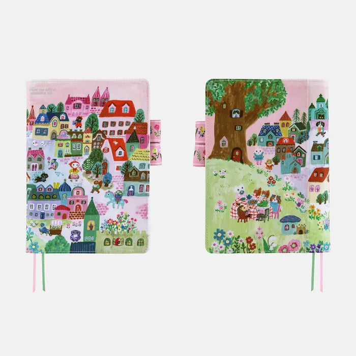 Hobonichi 2027 A5 Cousin Cover (Yumi Kitagishi - White Cat Village): front and back of the cover, an illustrated village in soft pinks and greens with small cats going about their day