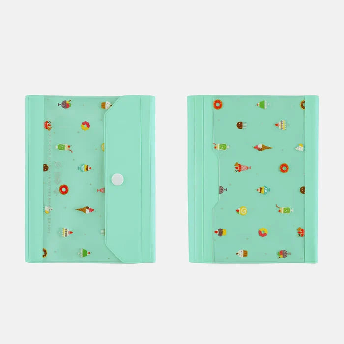 Hobonichi 2027 A6 Planner Cover (Alettone - Sweets): front and back of the cover in translucent mint, scattered with tiny cakes and sweets, a press-stud flap at the edge