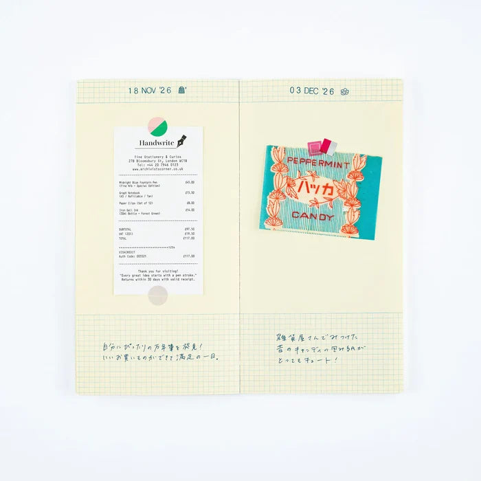 A techo page with a printed leaflet pasted in and held down with stickers