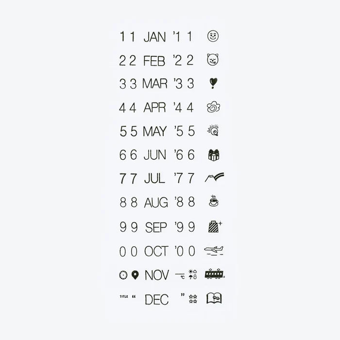 A chart of everything on the wheels — digits, the months from JAN to DEC, and a row of small pictogram icons