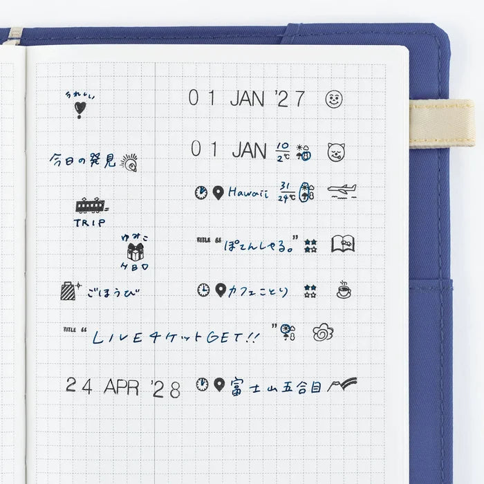 A grid page stamped in blue with dates and rows of the pictogram icons