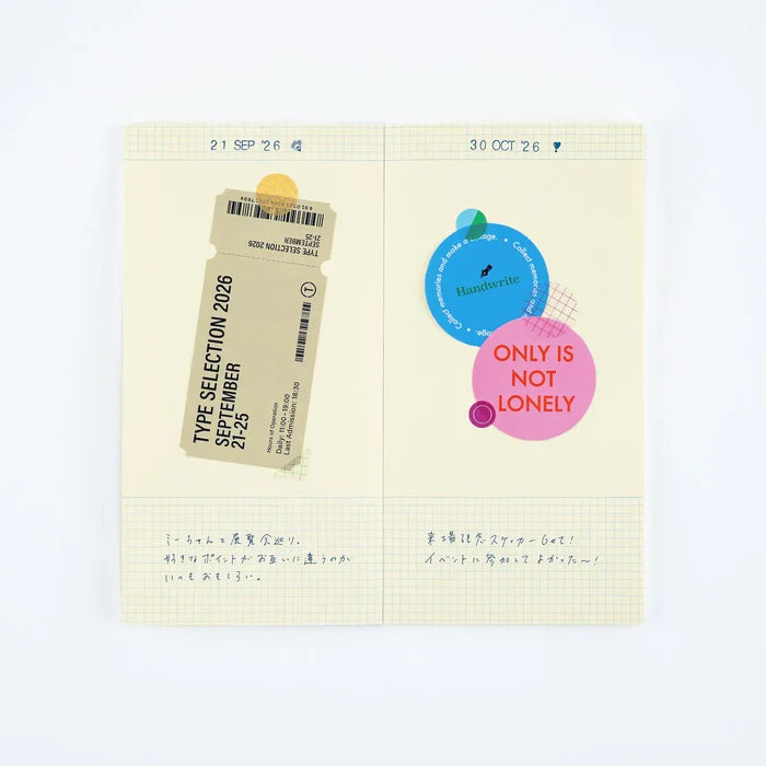 A techo page with printed slips pasted in and a pink circular sticker