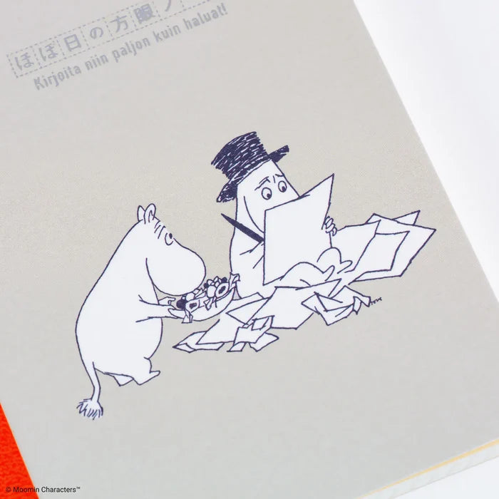A close-up of the cover drawing, Moomintroll and Moominpappa surrounded by loose sheets of paper