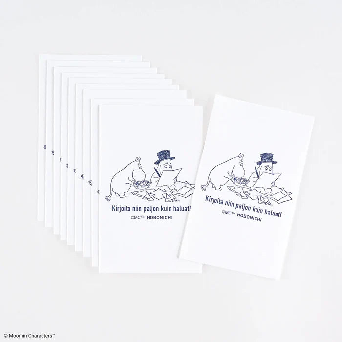 Moomin Hobonichi Ink-Absorbing Paper: a stack of the blotting sheets fanned out, each printed with a small Moomin line drawing